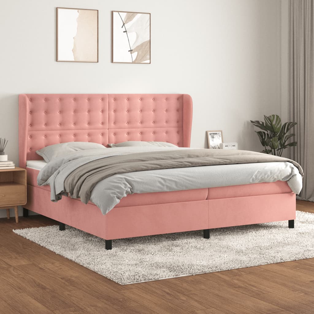 vidaXL Pat box spring cu saltea, roz, 200x200 cm, catifea