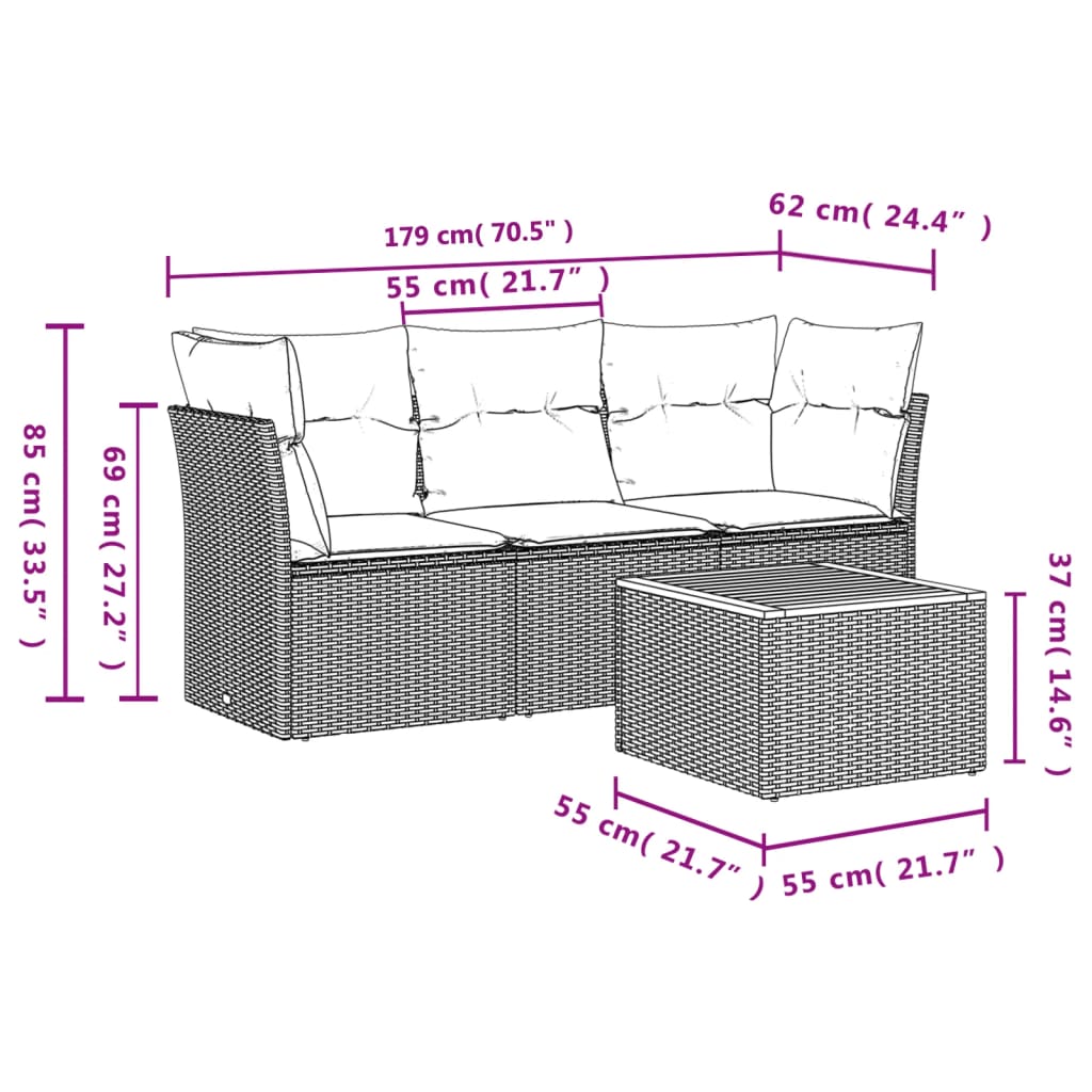 vidaXL Set mobilier de grădină cu perne, 4 piese, negru, poliratan