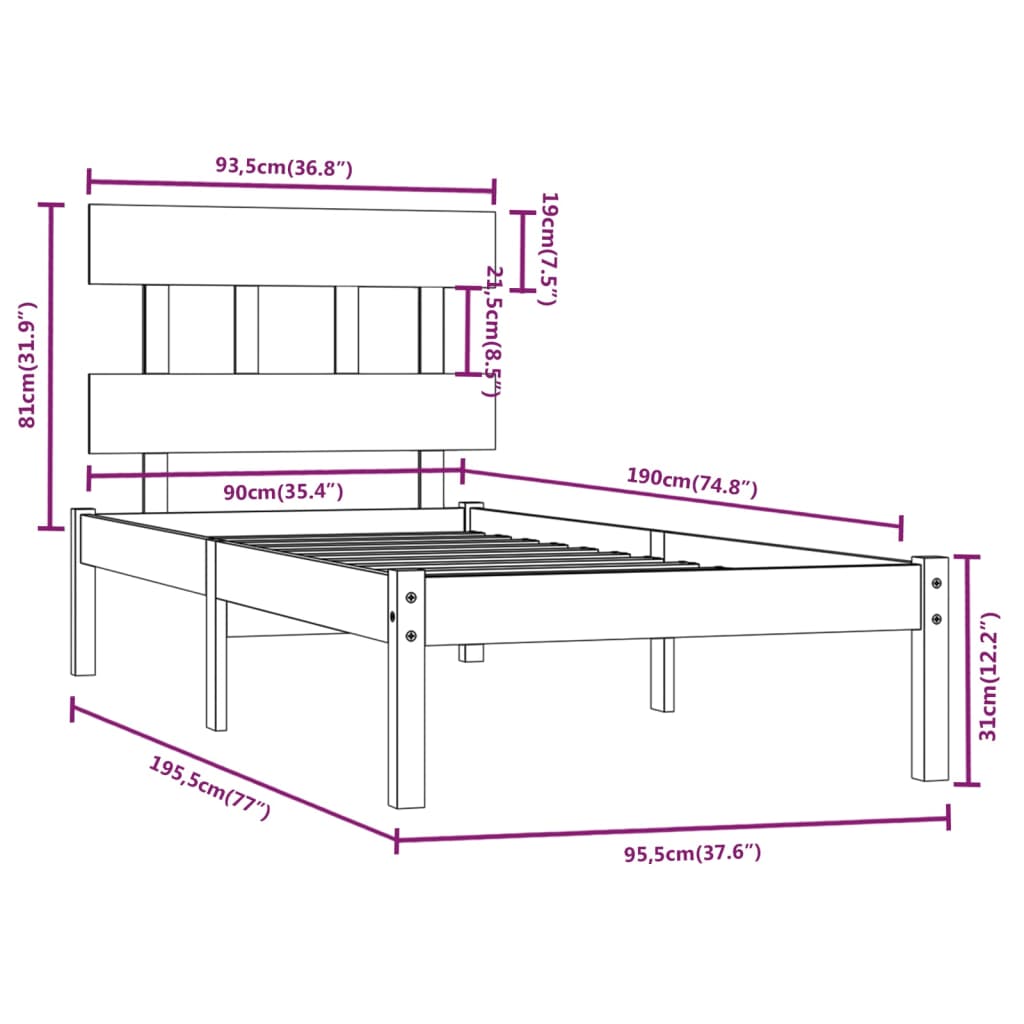 vidaXL Cadru de pat single, negru, 90x190 cm, lemn masiv