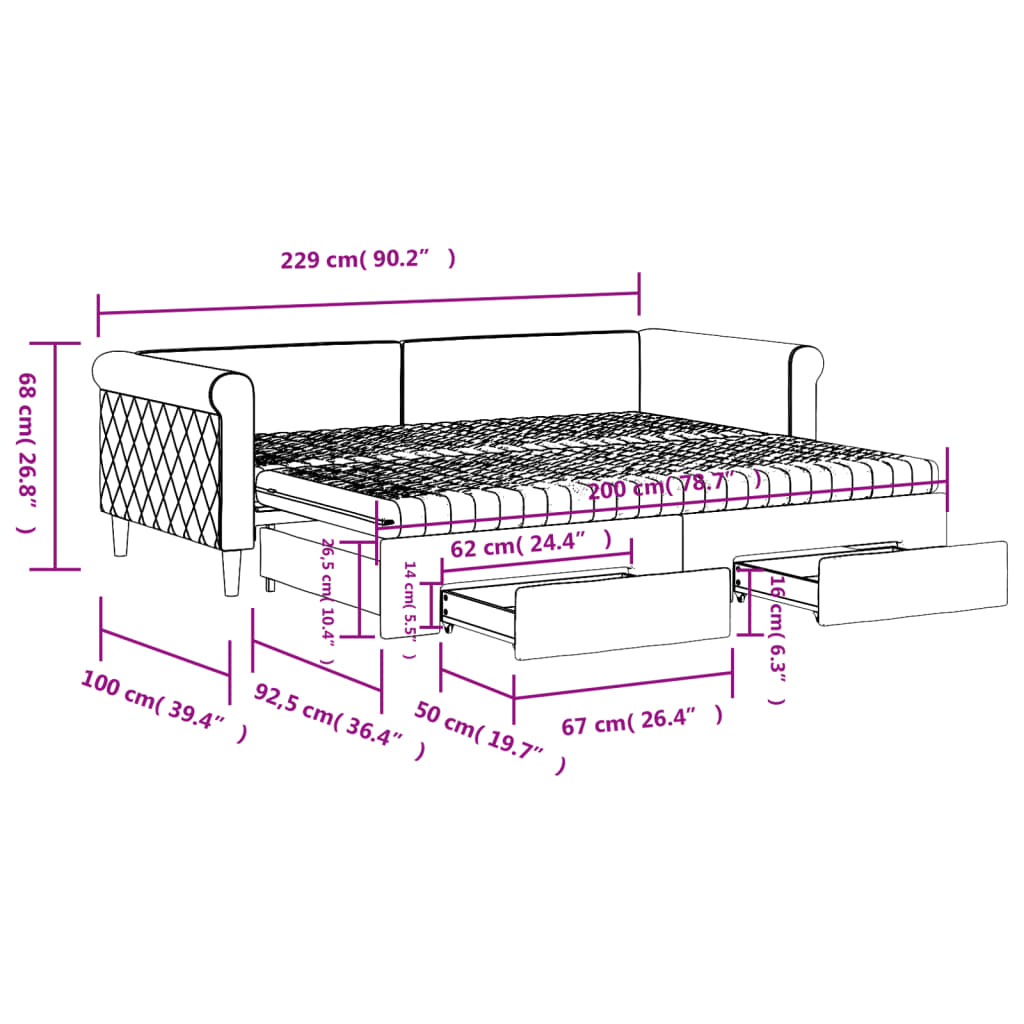 vidaXL Pat de zi cu extensie și sertare gri închis 90x200 cm catifea