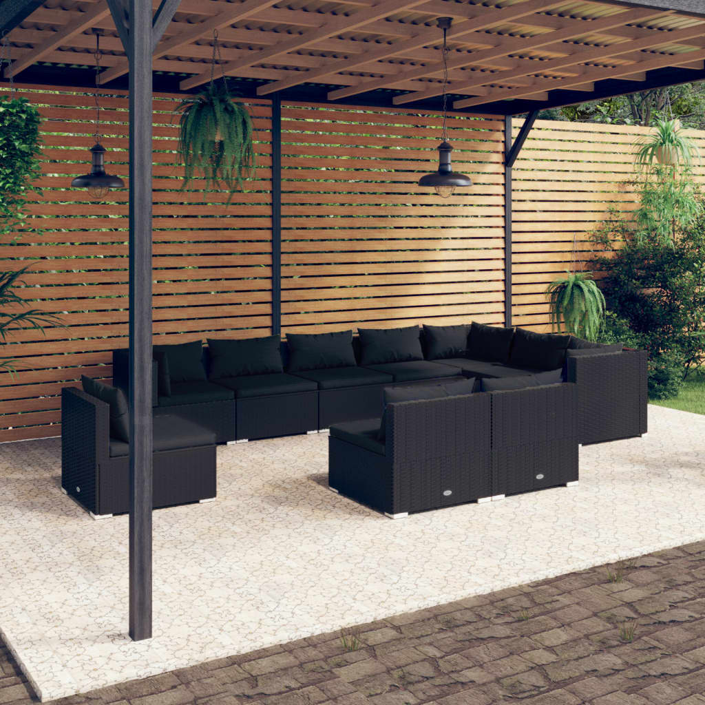 vidaXL Set mobilier de grădină cu perne, 10 piese, negru, poliratan