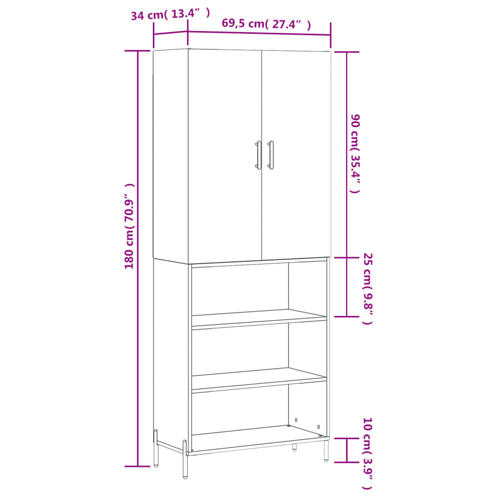 vidaXL Dulap înalt, gri sonoma, 69,5x34x180 cm, lemn compozit