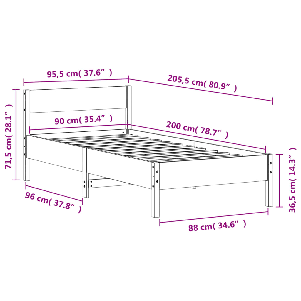 vidaXL Cadru de pat fără saltea, alb, 90x200 cm, lemn masiv pin