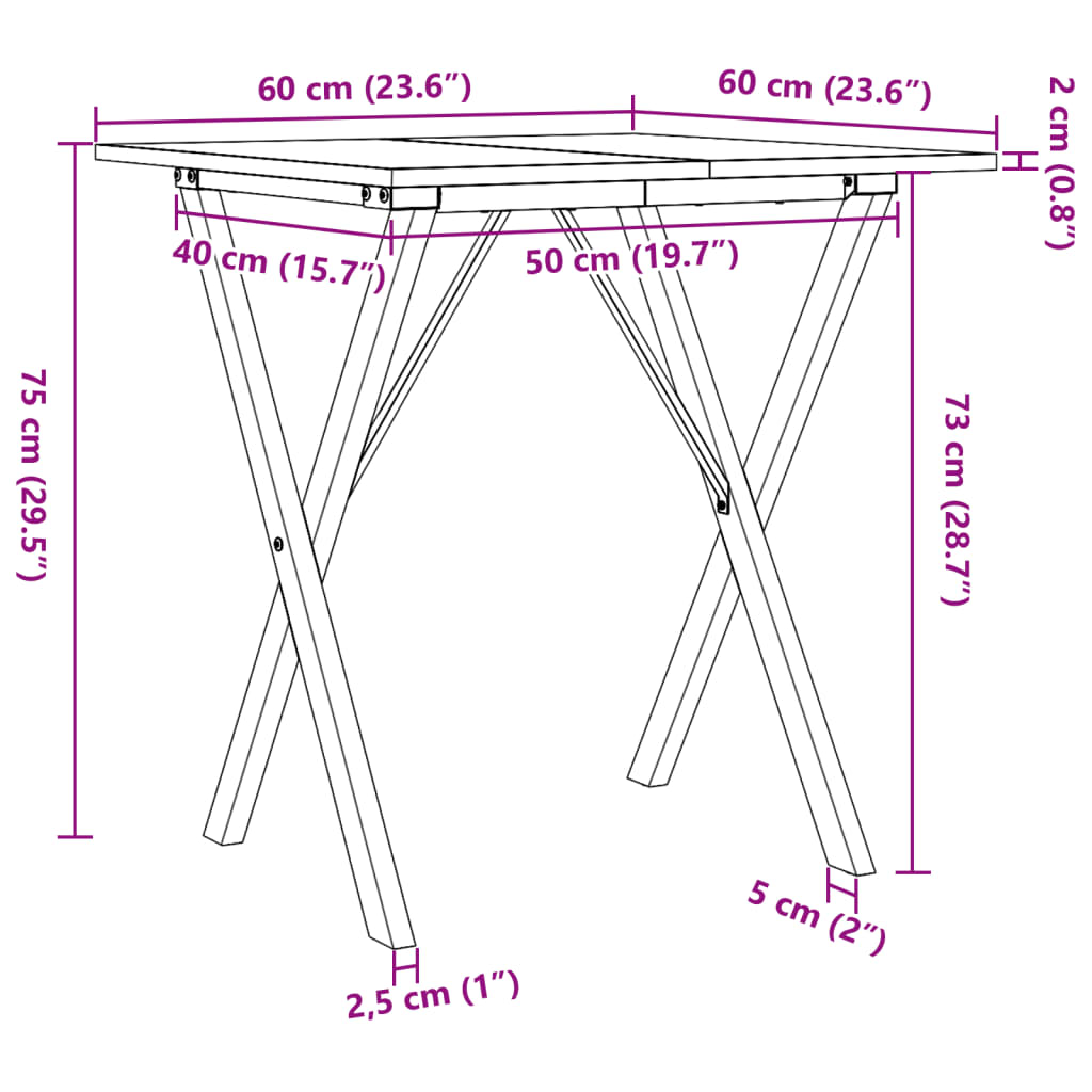 vidaXL Masă de bucătărie, cadru X, 60x60x75 cm lemn masiv pin și fontă