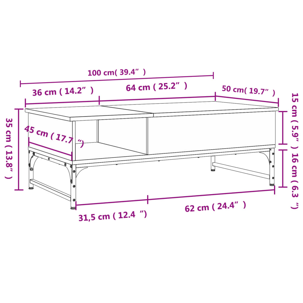 vidaXL Măsuță de cafea stejar fumuriu 100x50x35cm lemn prelucrat/metal