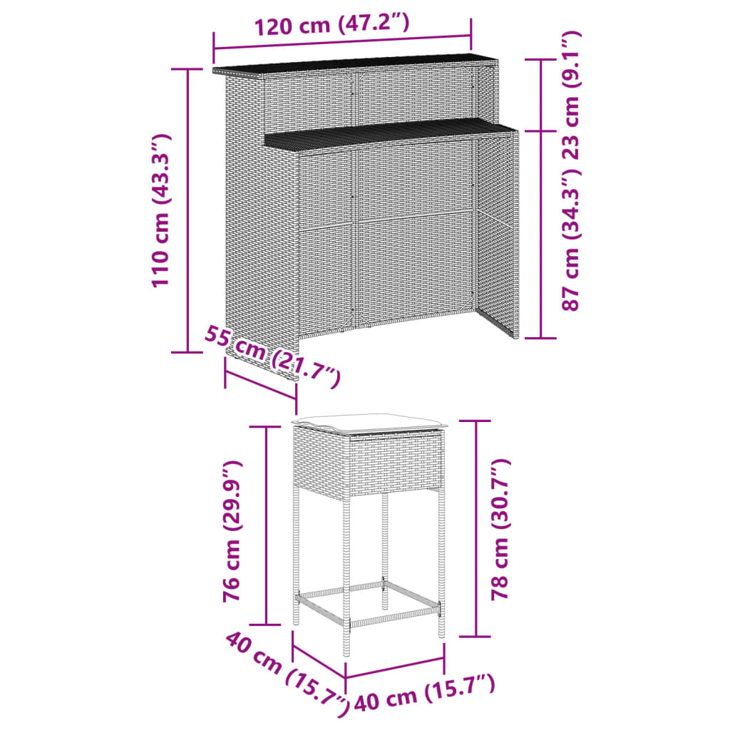 vidaXL Set mobilier bar de grădină, cu perne, 5 piese, gri, poliratan