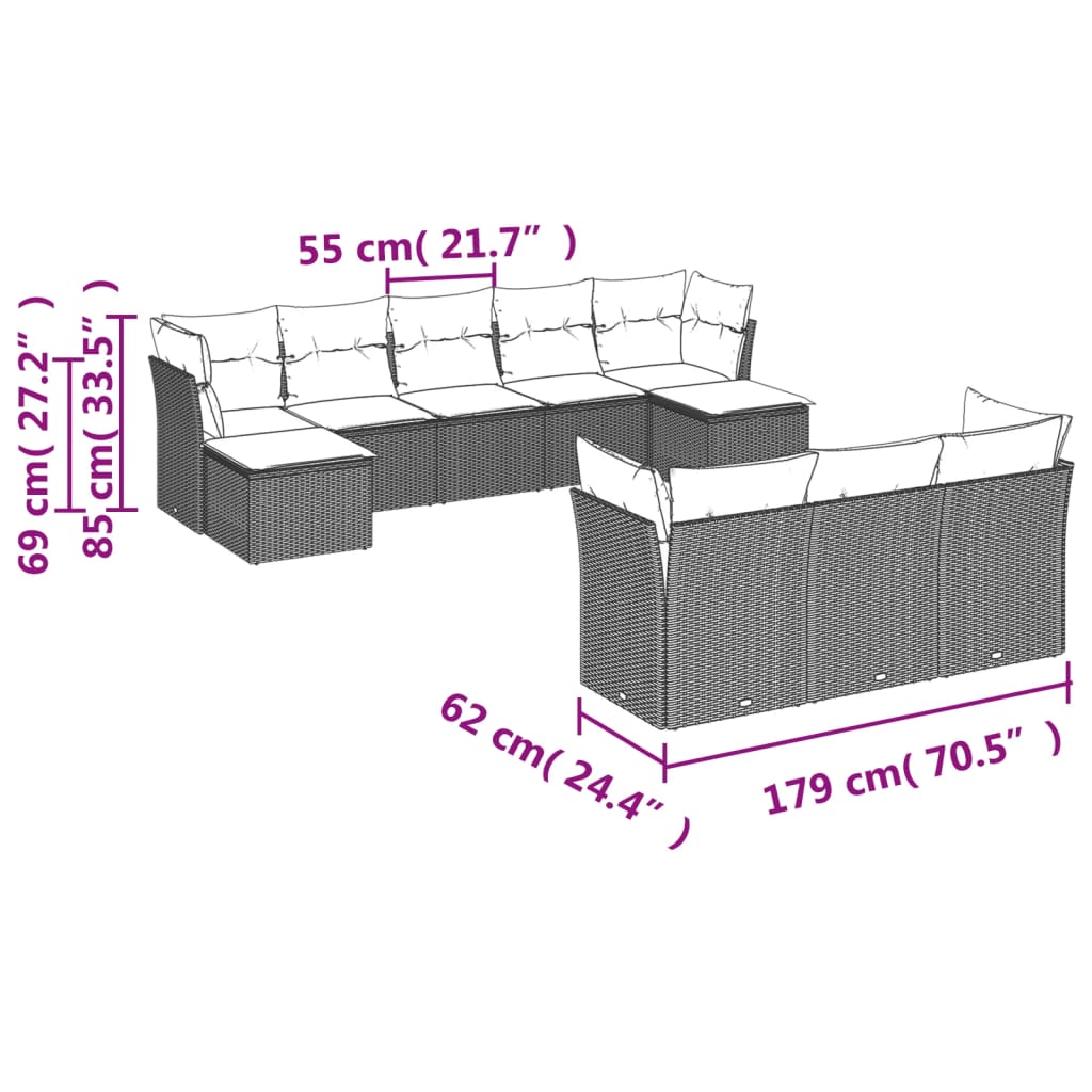 vidaXL Set canapele de grădină cu perne, 10 piese, negru, poliratan