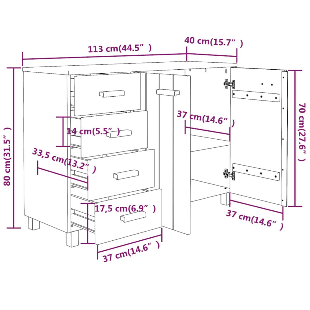 vidaXL Servantă „HAMAR”, gri închis, 113x40x80 cm, lemn masiv pin