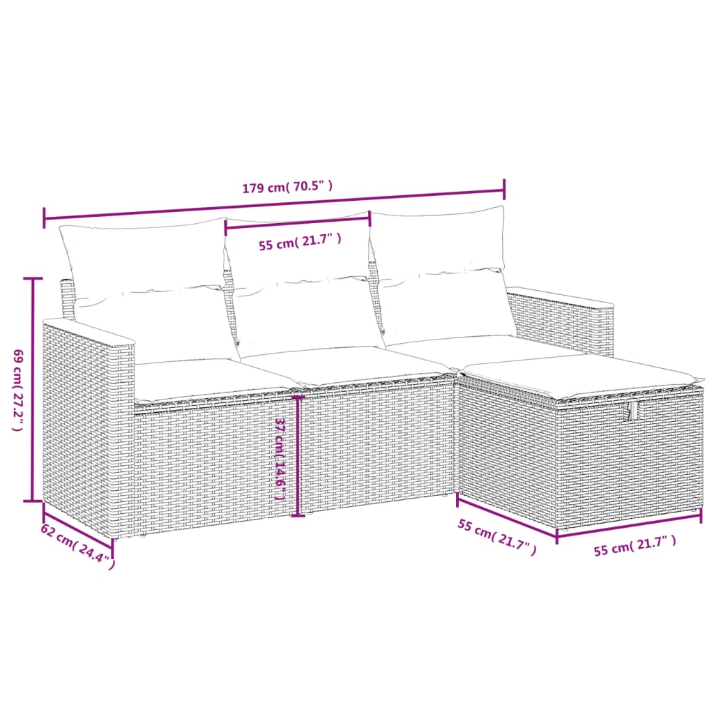 vidaXL Set canapea de grădină cu perne, 4 piese, gri, poliratan