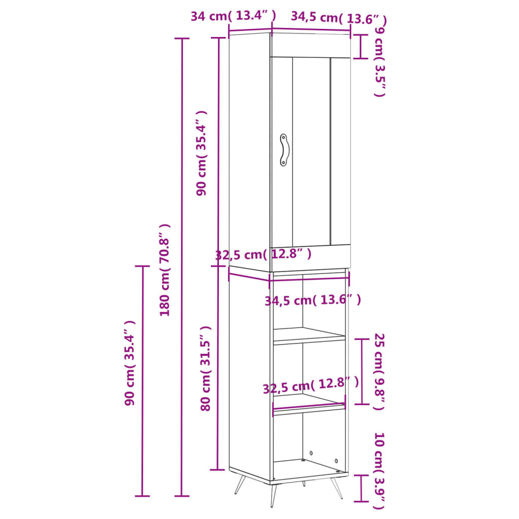 vidaXL Dulap înalt, negru, 34,5x34x180 cm, lemn prelucrat