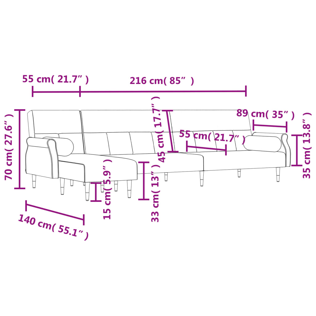 vidaXL Canapea extensibilă în formă de L gri 271x140x70 cm catifea