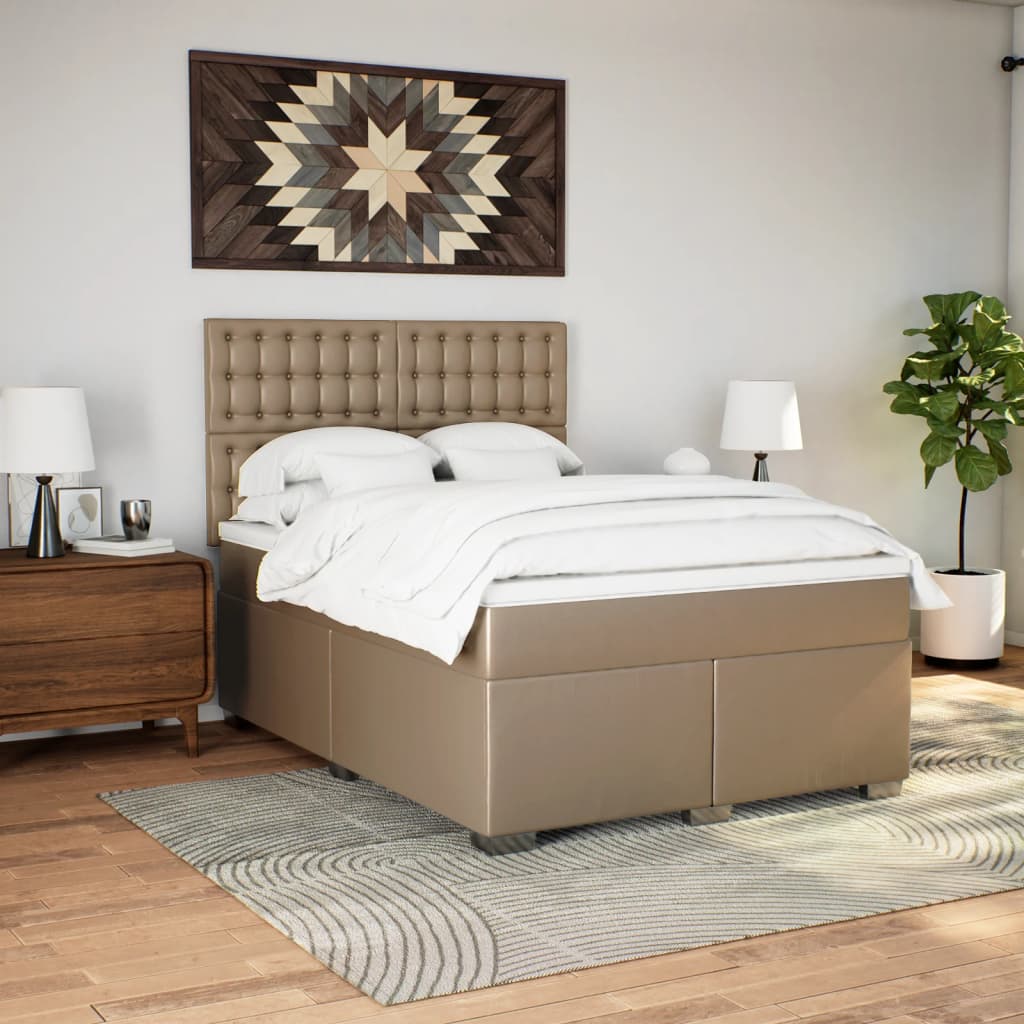 vidaXL Pat box spring cu saltea, cappuccino, 140x200cm piele ecologică