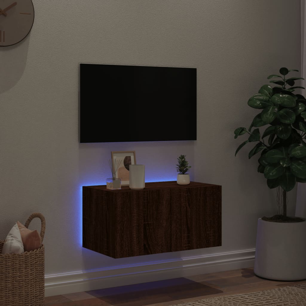 vidaXL Comodă TV de perete cu lumini LED, stejar maro, 60x35x31 cm