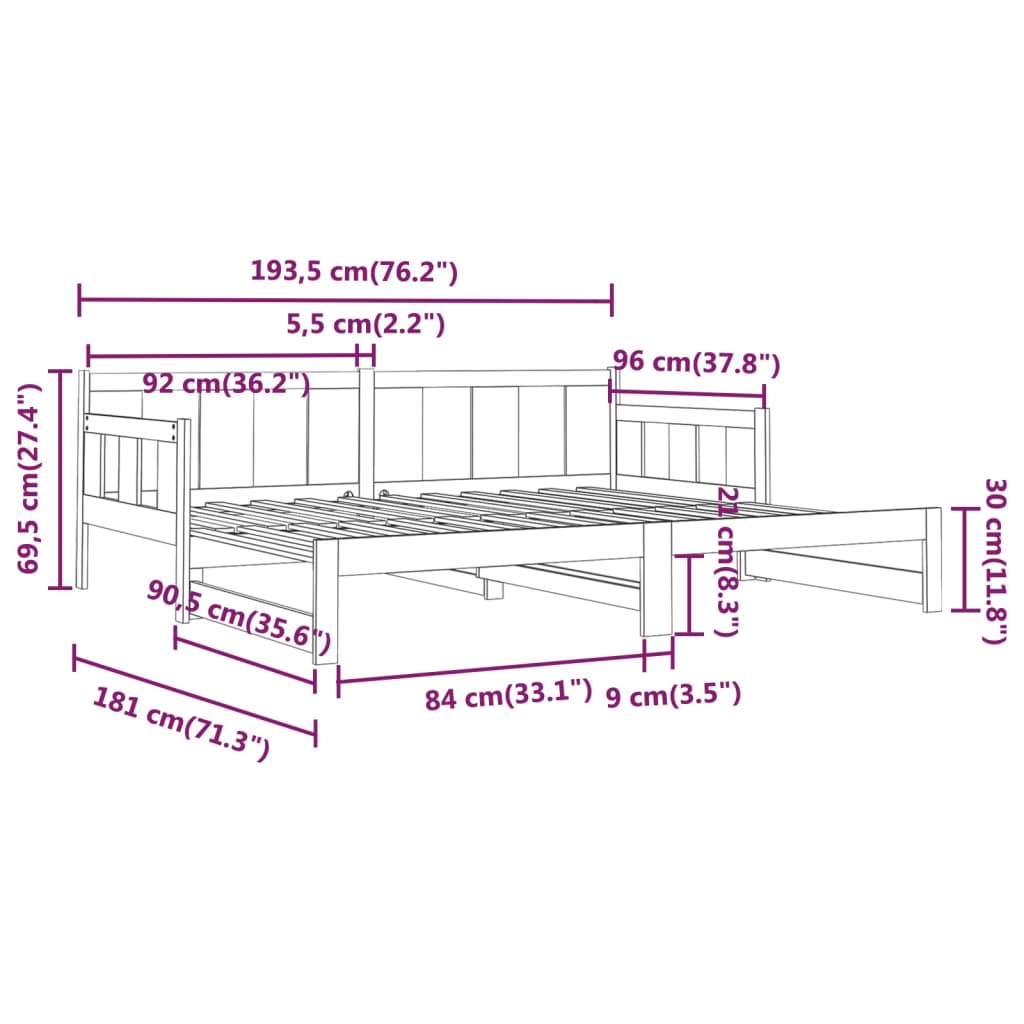 vidaXL Pat extensibil de zi, alb, 2x(90x190) cm, lemn masiv de pin