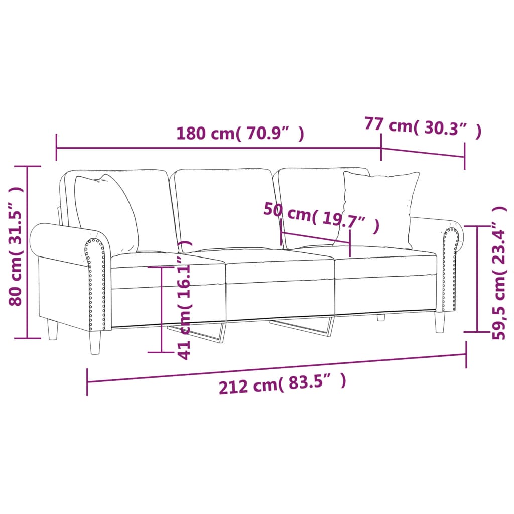 vidaXL Canapea cu 3 locuri cu pernuțe, gri deschis, 180 cm, catifea