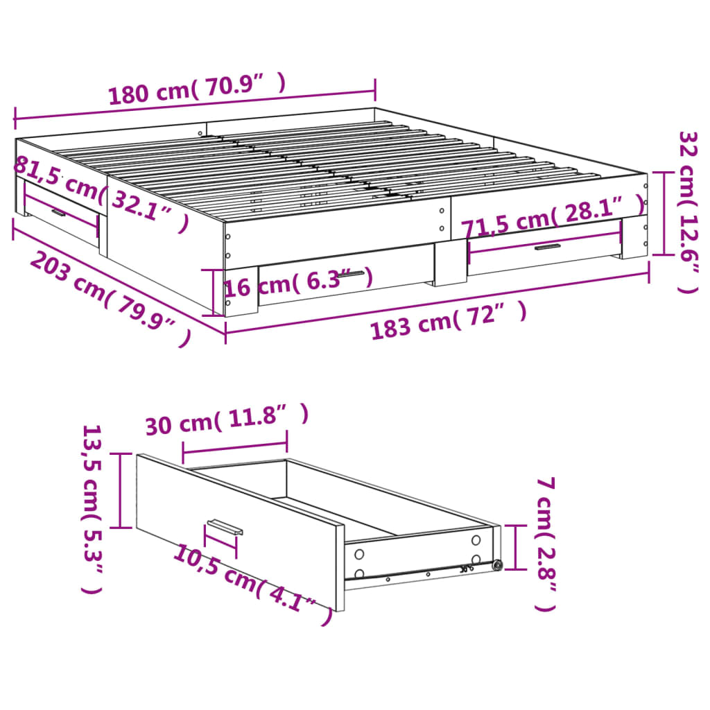 vidaXL Cadru de pat cu sertare stejar sonoma 180x200 cm lemn prelucrat