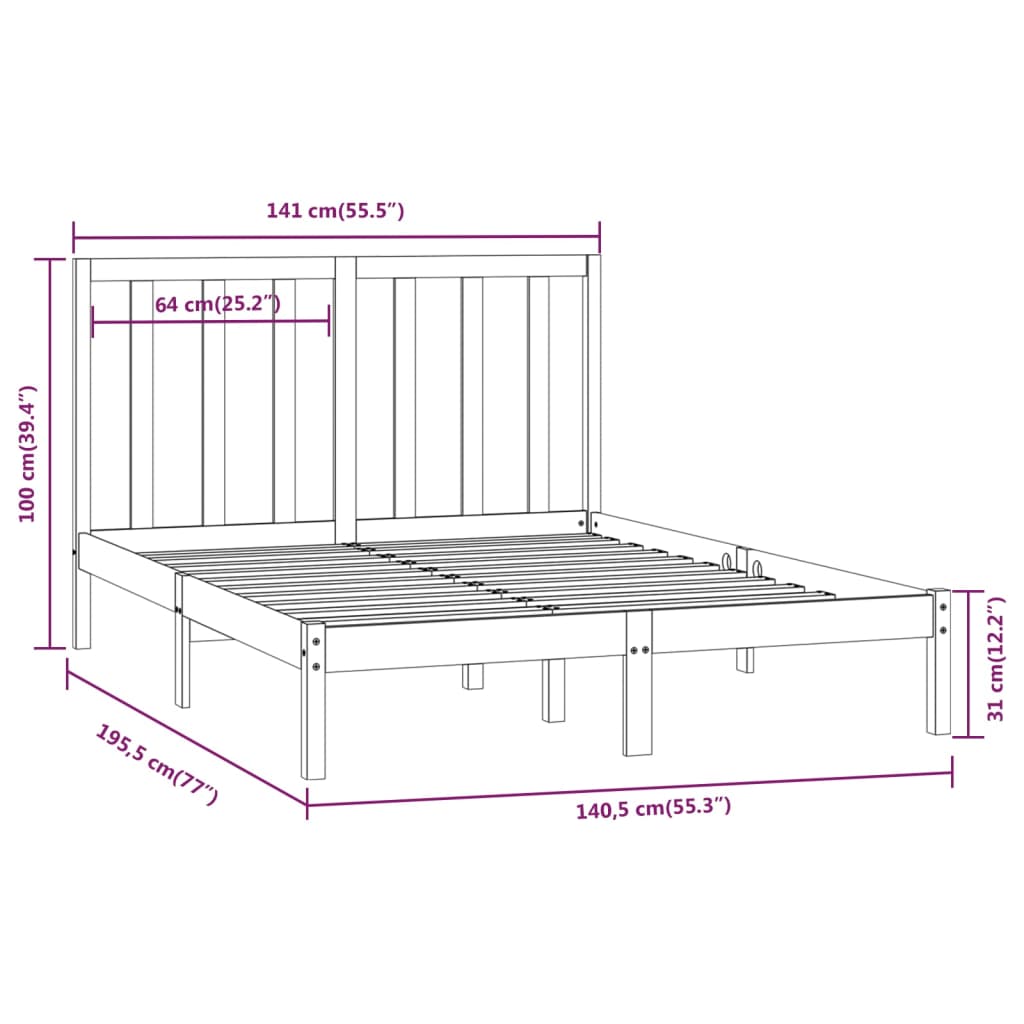 vidaXL Cadru de pat dublu, negru, 135x190 cm, lemn masiv de pin