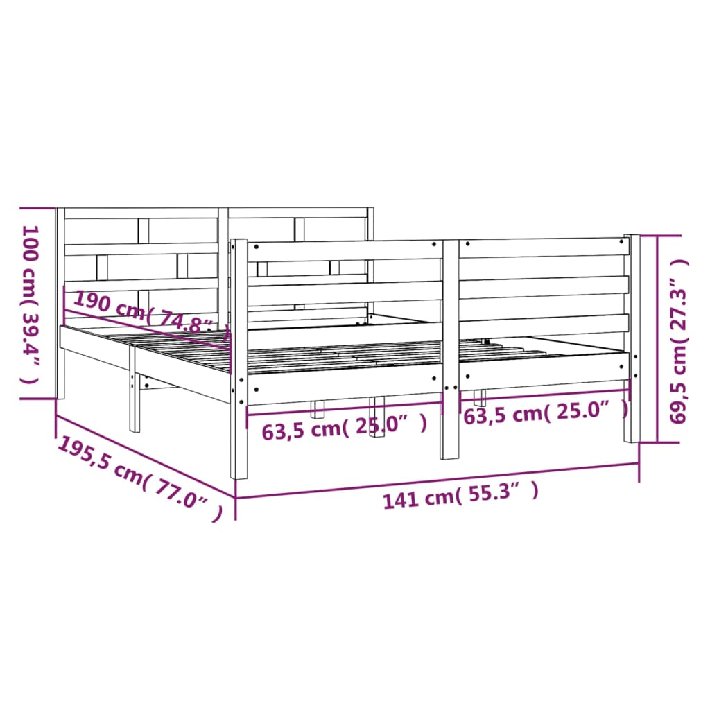 vidaXL Cadru de pat dublu, alb, 135x190 cm, lemn masiv