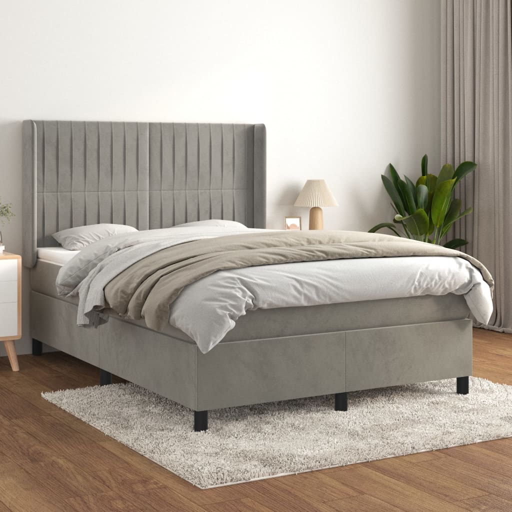 vidaXL Pat box spring cu saltea, gri deschis, 140x200 cm, catifea