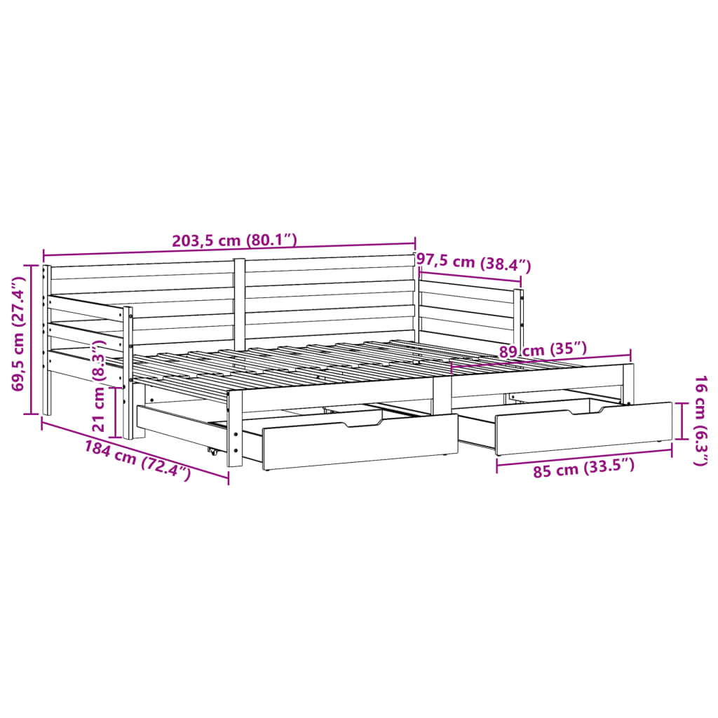 vidaXL Pat de zi cu extensie și sertare fără saltea, alb, 90x200 cm