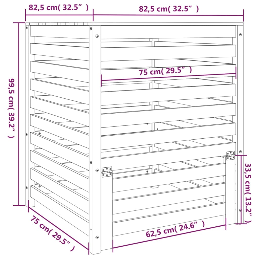 vidaXL Compostor, negru, 82,5x82,5x99,5 cm, lemn masiv de pin