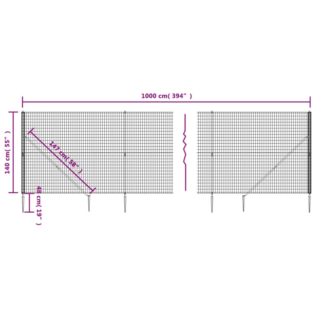 vidaXL Gard plasă de sârmă cu țăruși de fixare, antracit, 1,4x10 m