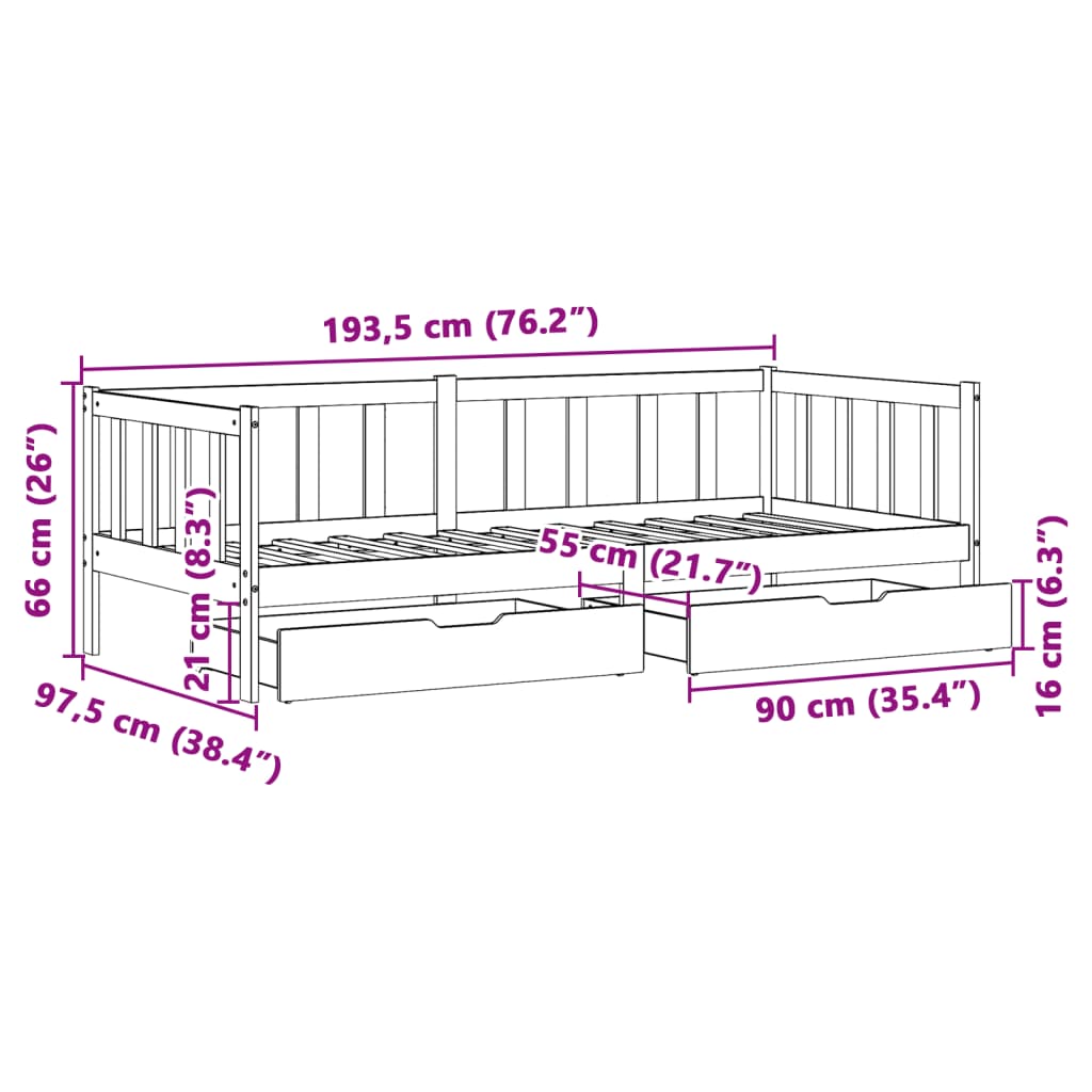 vidaXL Pat de zi cu sertare, alb, 90x190 cm, lemn masiv pin