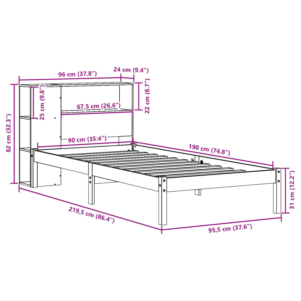 vidaXL Pat cu bibliotecă fără saltea, 90x190 cm, lemn masiv de pin