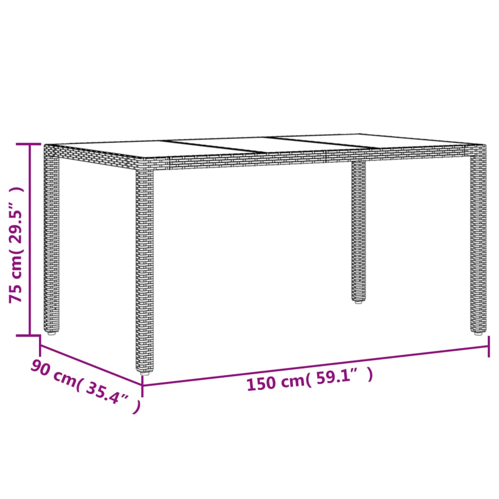 vidaXL Masă de grădină cu blat din sticlă gri, 150x90x75 cm, poliratan