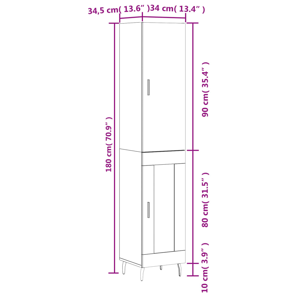 vidaXL Dulap înalt, alb, 34,5x34x180 cm, lemn prelucrat