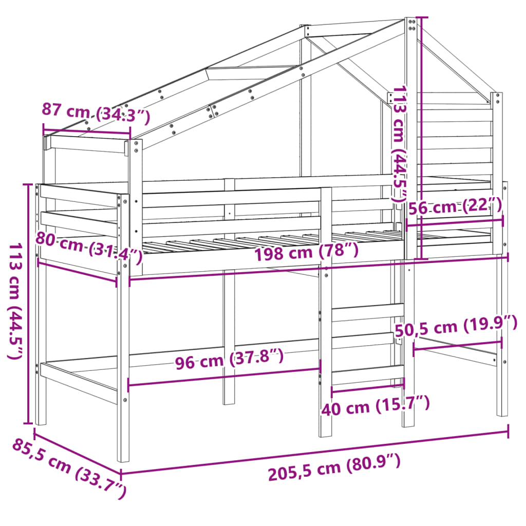 vidaXL Pat etajat cu scară și acoperiș, alb, 80x200 cm, lemn masiv pin