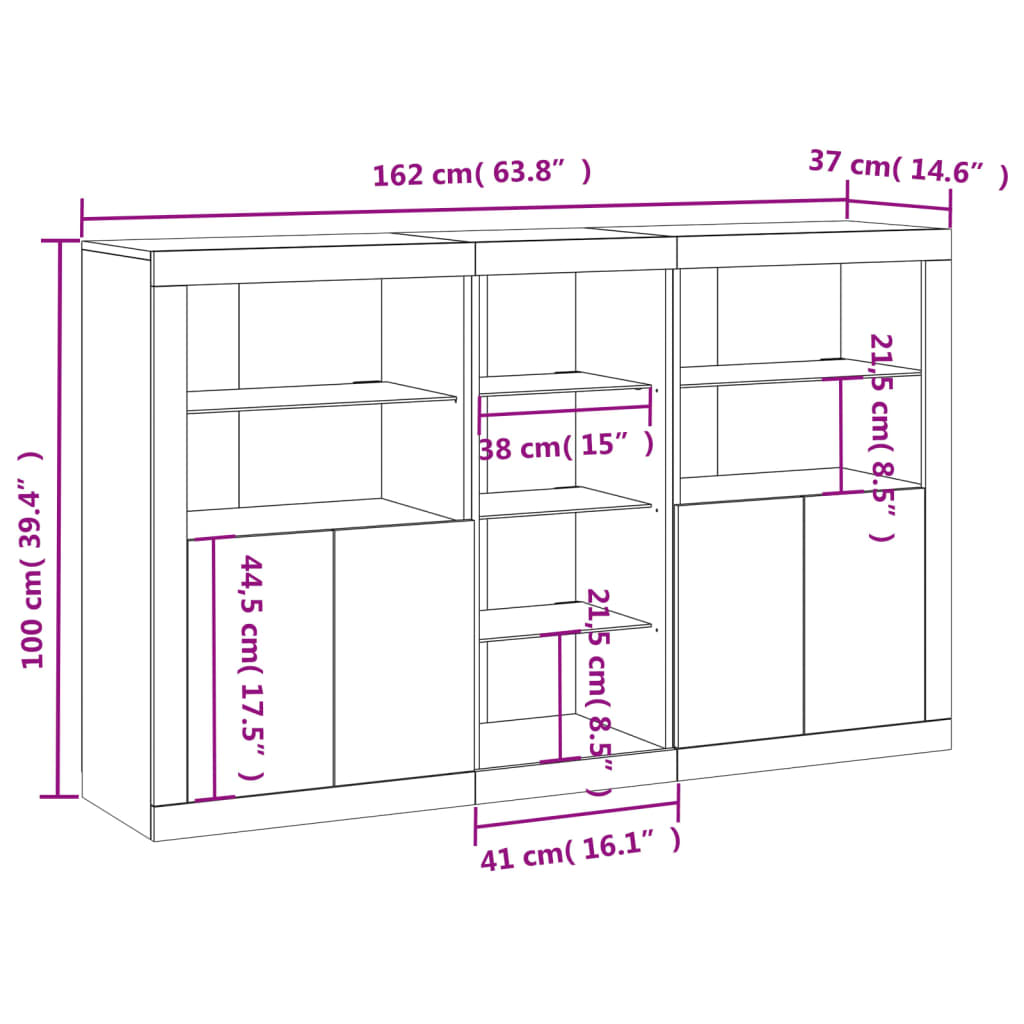 vidaXL Servantă cu lumini LED, gri beton, 162x37x100 cm