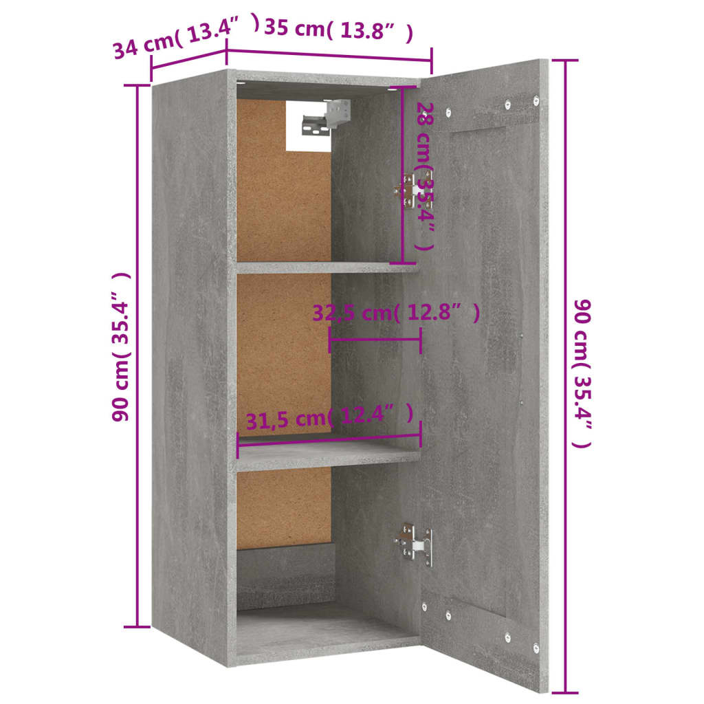 vidaXL Dulap suspendat, gri beton, 35x34x90 cm, lemn prelucrat