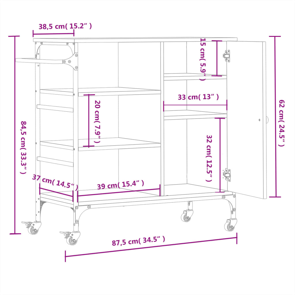 vidaXL Cărucior de bucătărie, stejar sonoma, 87,5x38,5x84,5 cm, lemn