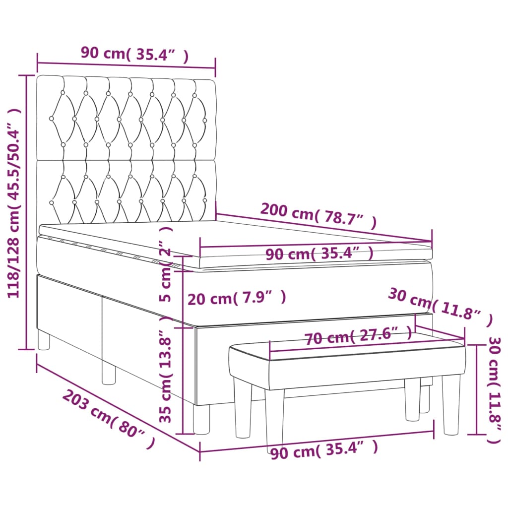 vidaXL Pat box spring cu saltea, gri deschis, 90x200 cm, catifea