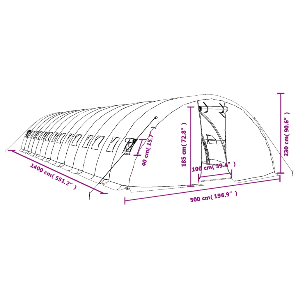 vidaXL Seră cu cadru din oțel, verde, 70 m², 14x5x2,3 m