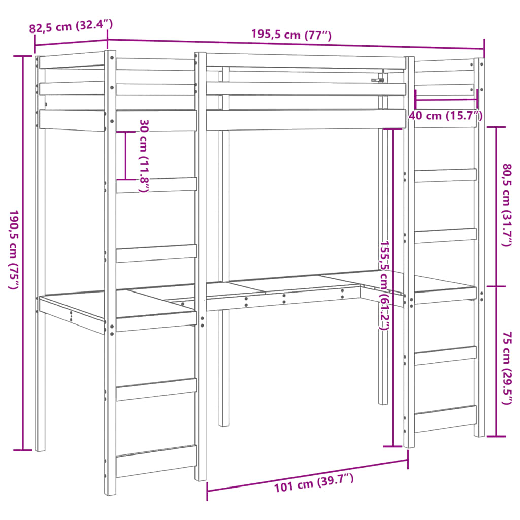 vidaXL Cadru de pat supraetajat fără saltea, 75x190 cm, lemn masiv pin