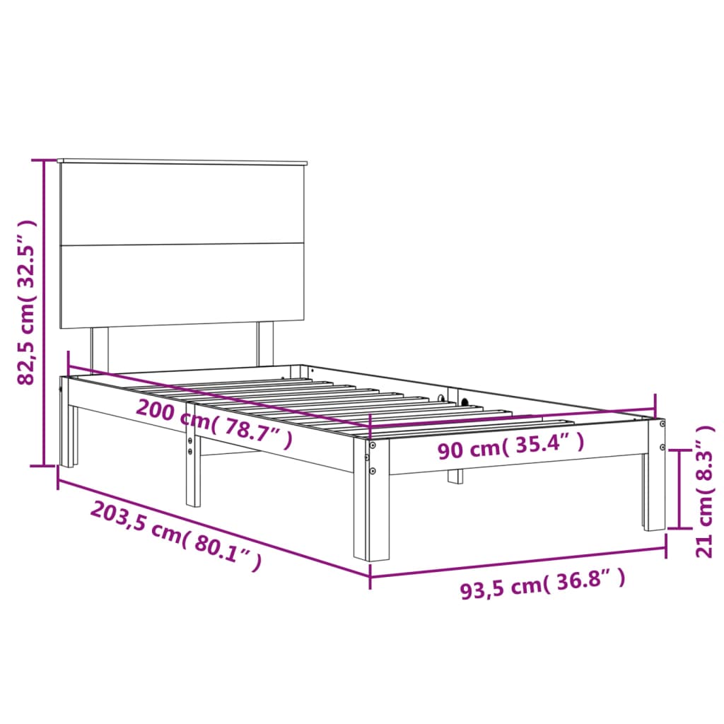 vidaXL Cadru de pat cu tăblie, alb, 90x200 cm, lemn masiv