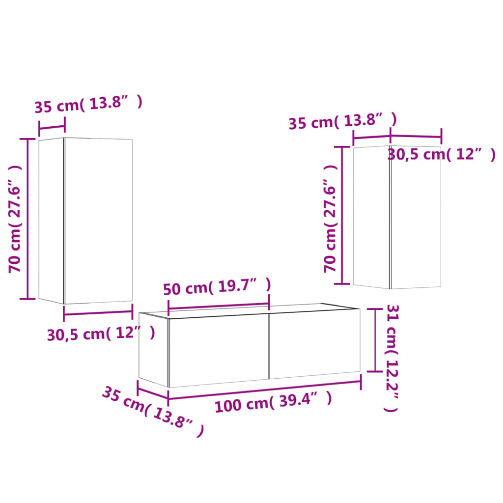 vidaXL Comode TV de perete cu lumini LED, 3 piese, gri beton