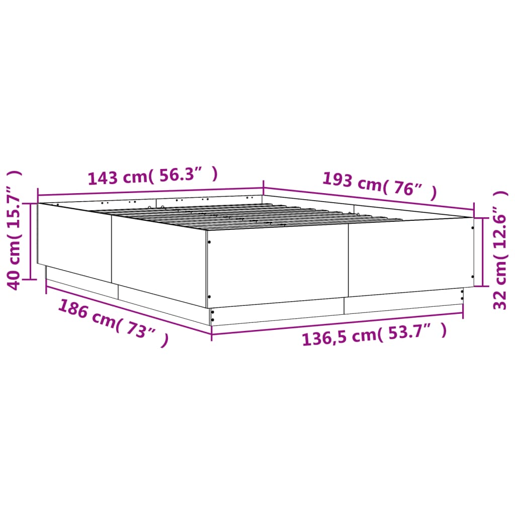 vidaXL Cadru de pat cu lumini LED gri beton 140x190 cm, lemn prelucrat