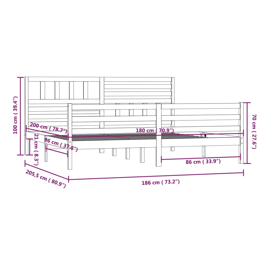 vidaXL Cadru de pat Super King, alb, 180x200 cm, lemn masiv