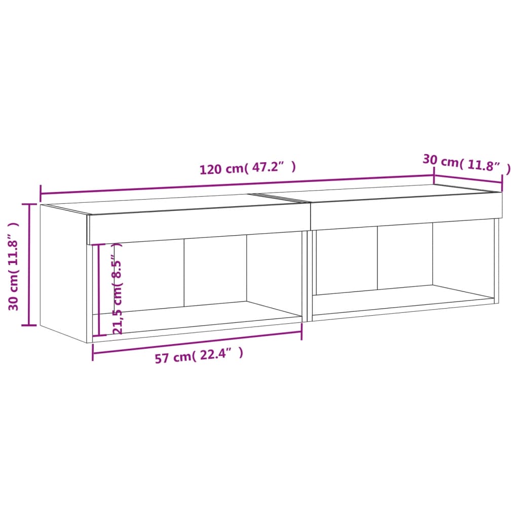 vidaXL Comode TV cu lumini LED, 2 buc., stejar maro, 60x30x30 cm