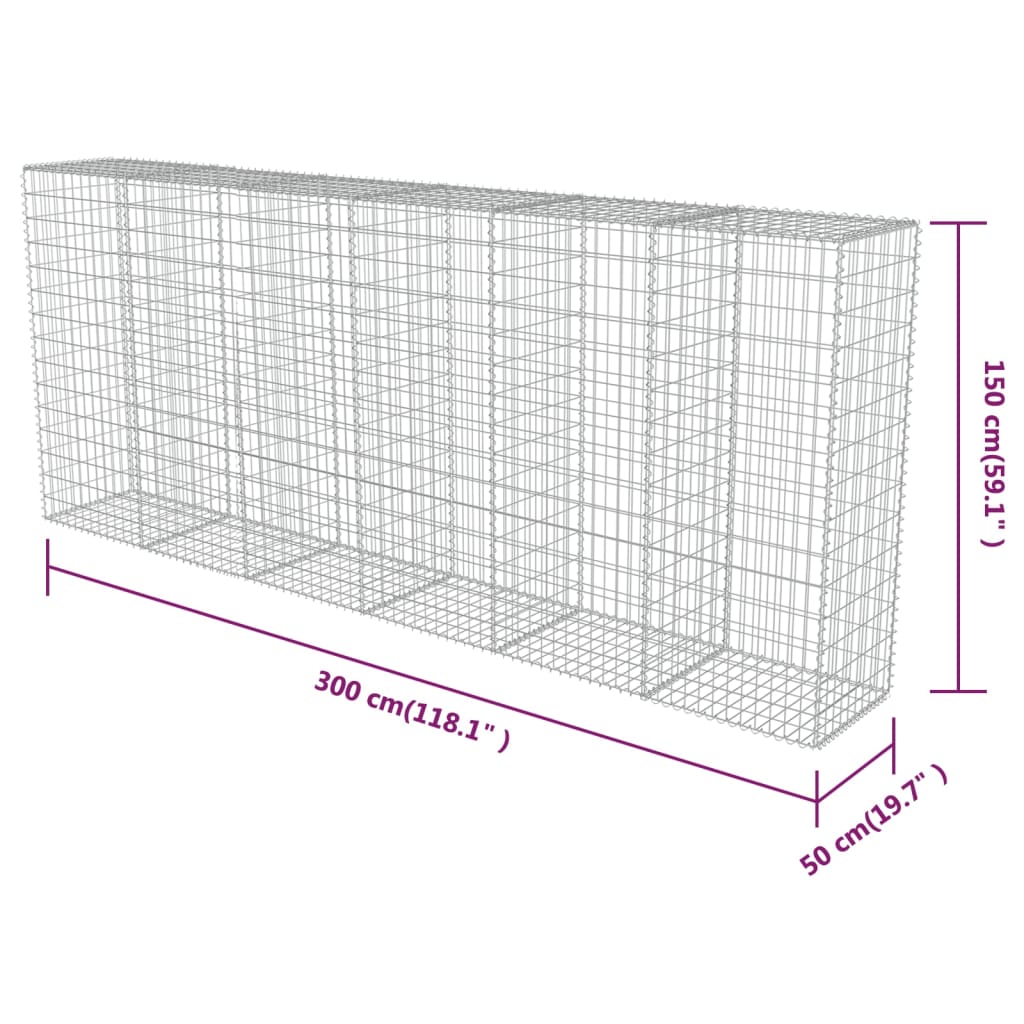 vidaXL Perete gabion cu capace, 300 x 50 x 150 cm, oțel galvanizat