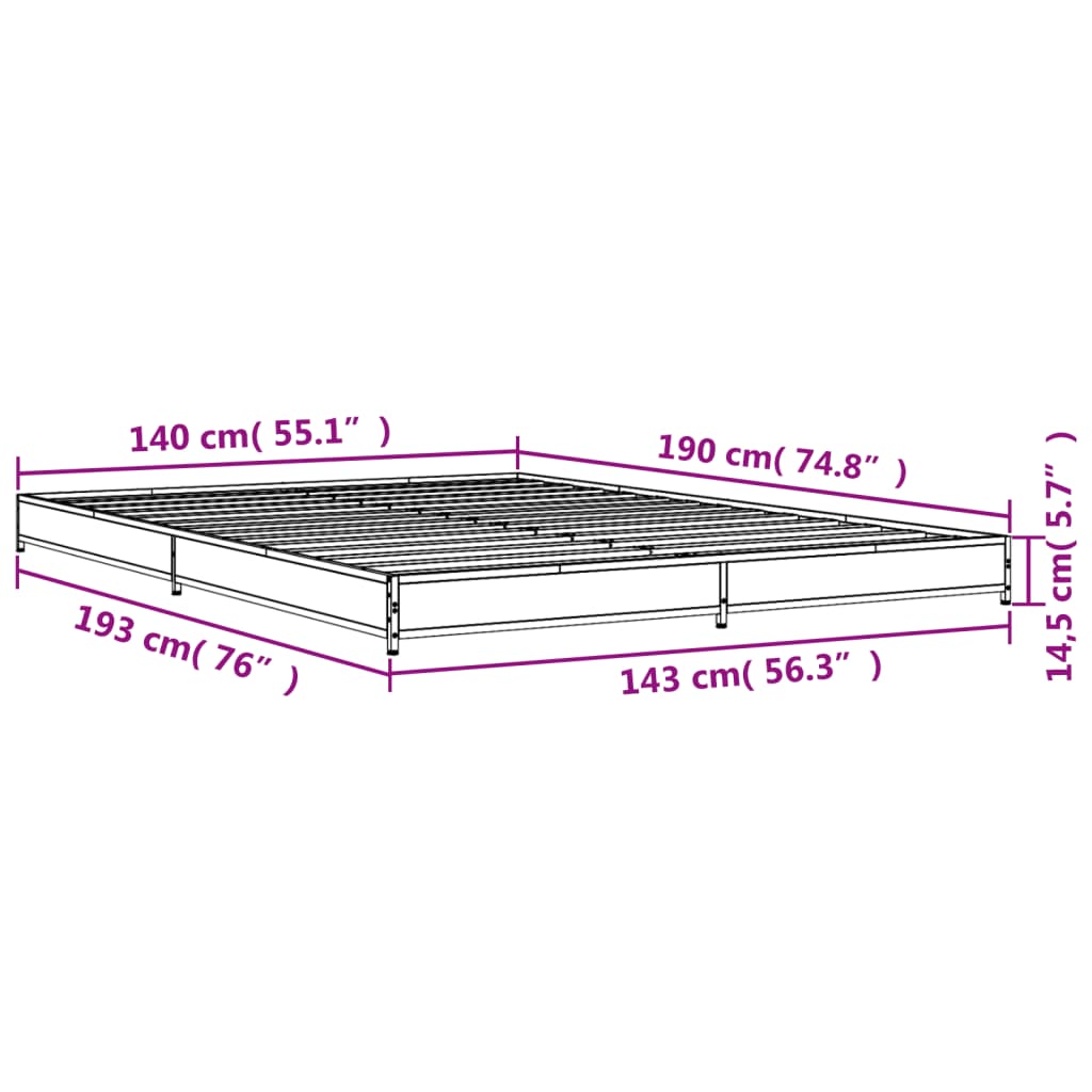 vidaXL Cadru de pat, stejar sonoma, 140x190cm, lemn prelucrat și metal