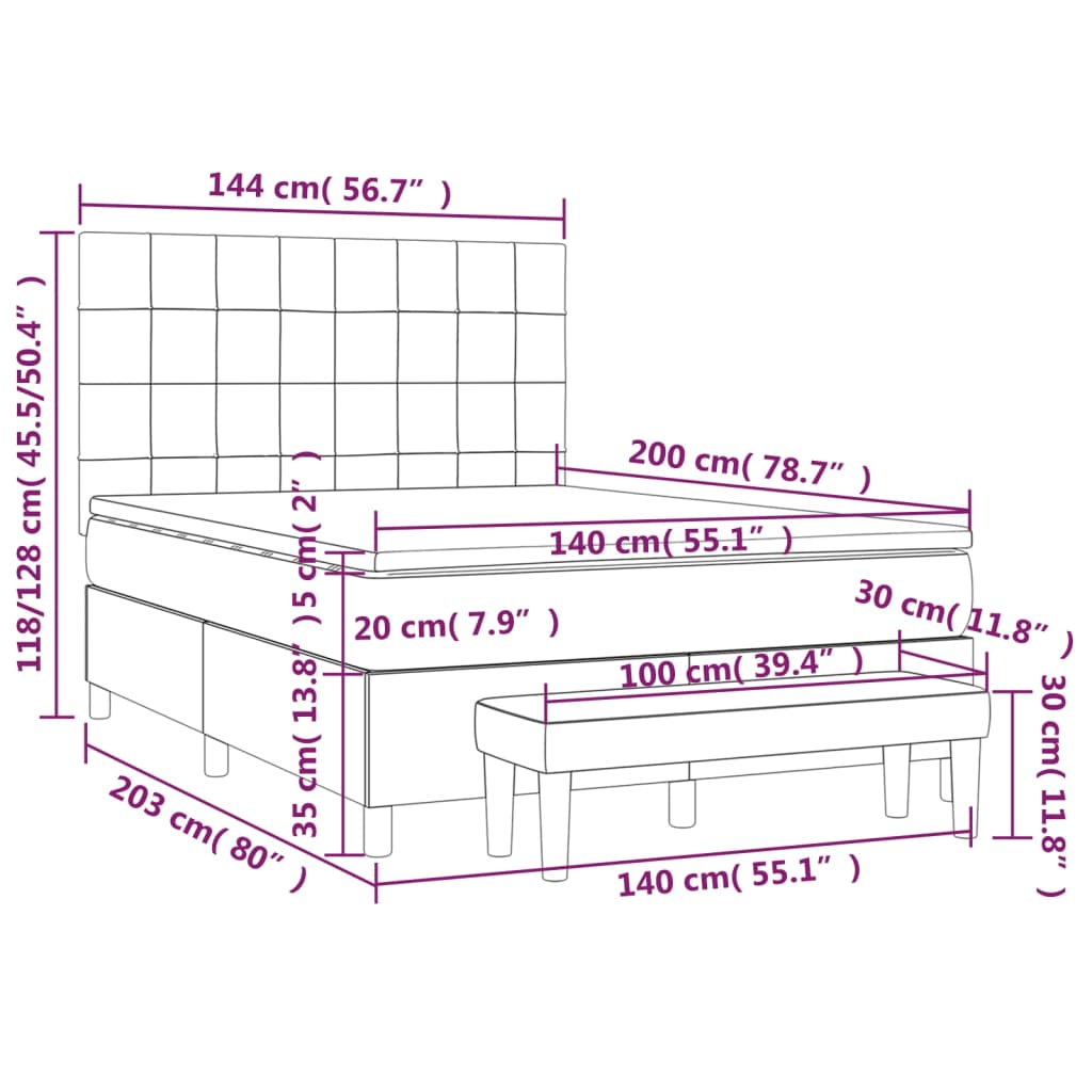 vidaXL Pat box spring cu saltea, gri închis, 140x200 cm, catifea