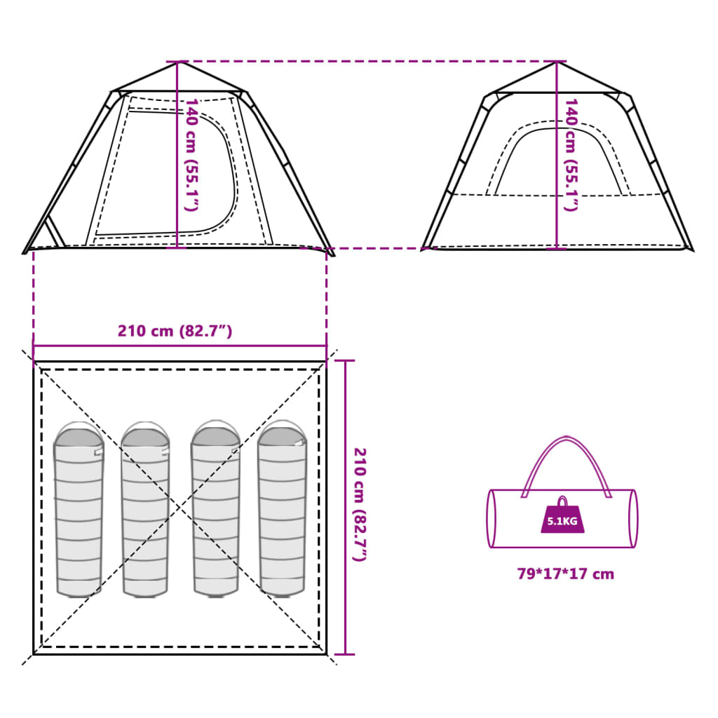 vidaXL Cort camping cupolă 4 persoane, gri/portocaliu, setare rapidă