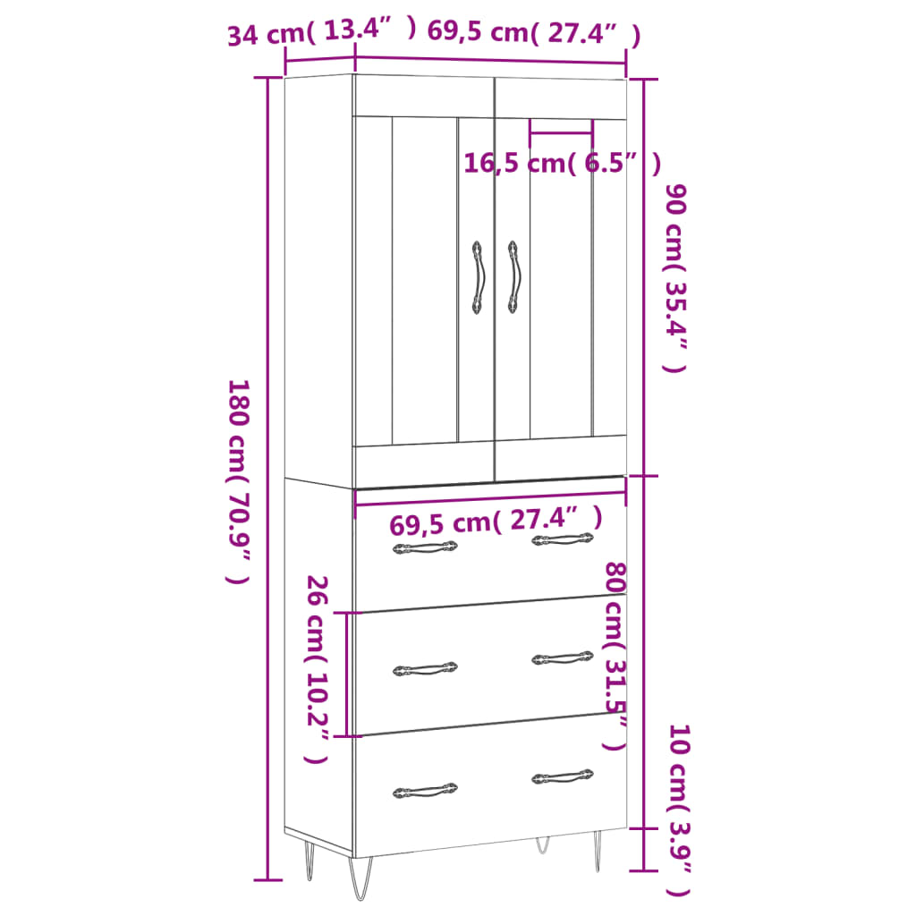 vidaXL Dulap înalt, alb, 69,5x34x180 cm, lemn compozit