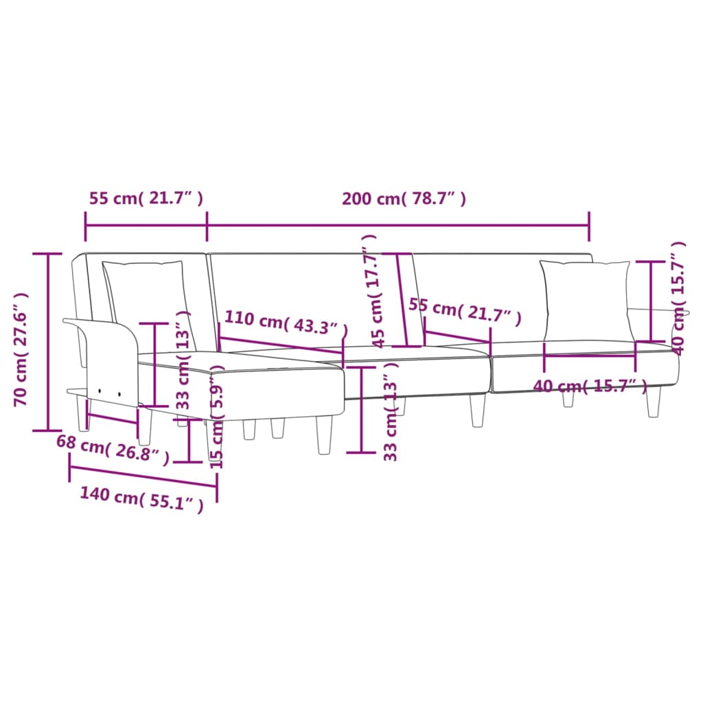 vidaXL Canapea extensibilă în formă de L gri 279x140x70 cm textil