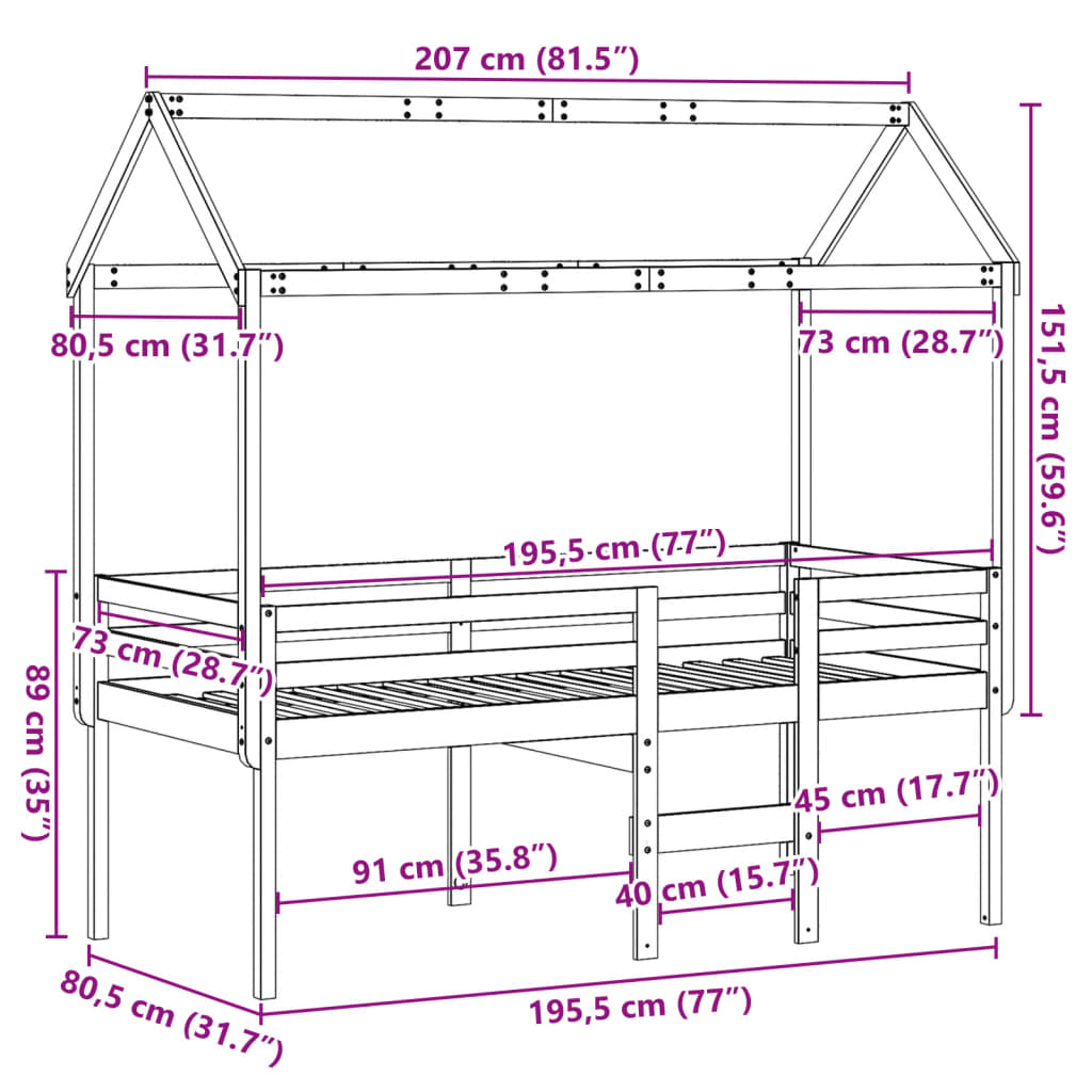 vidaXL Pat înalt cu acoperiș, 75x190 cm, lemn masiv de pin