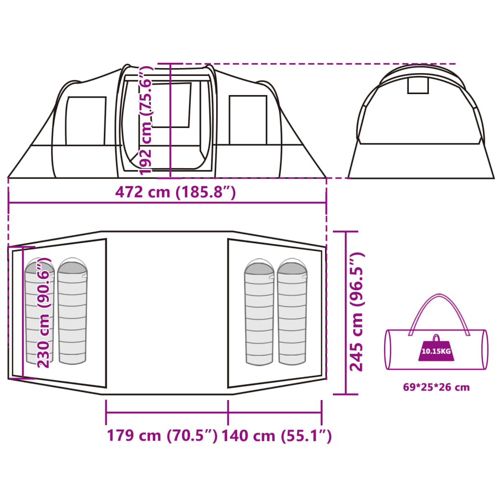 vidaXL Cort camping tunel pentru 4 persoane verde măsliniu impermeabil